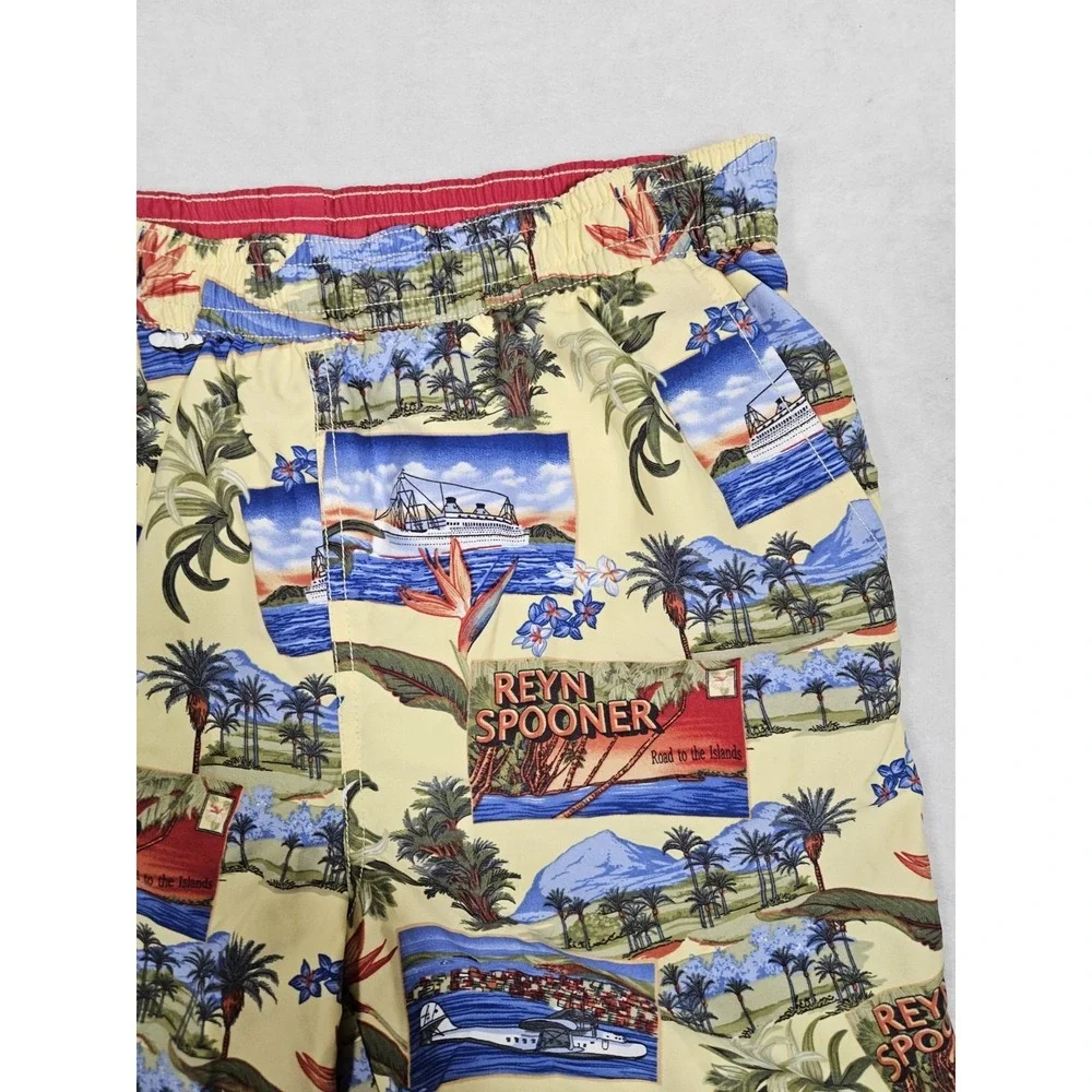 Vintage REYN SPOONER Pattern Ships Planes Palm Polyester Swim Shorts Men's Small